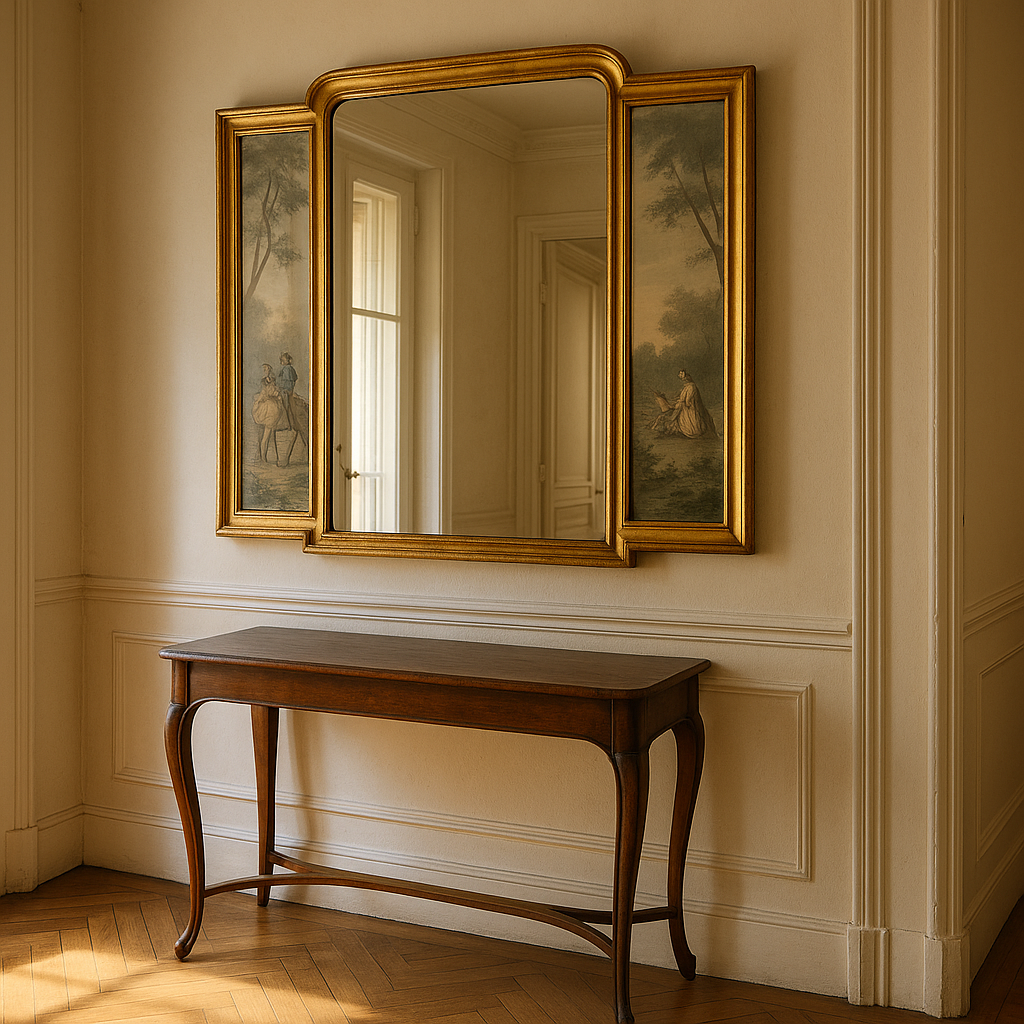 French style mirror with lithograph panels reference with frame, mirror plate, panels, construction, surface, and condition