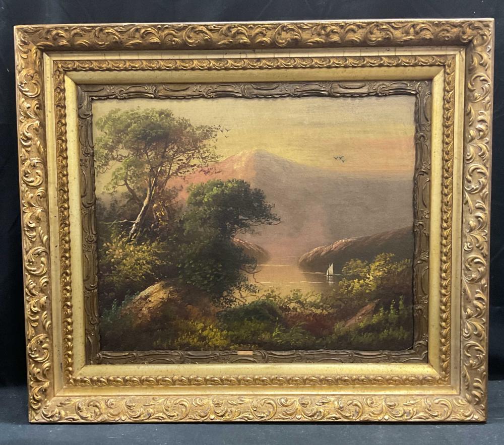 Framed antique landscape oil painting auction comparable
