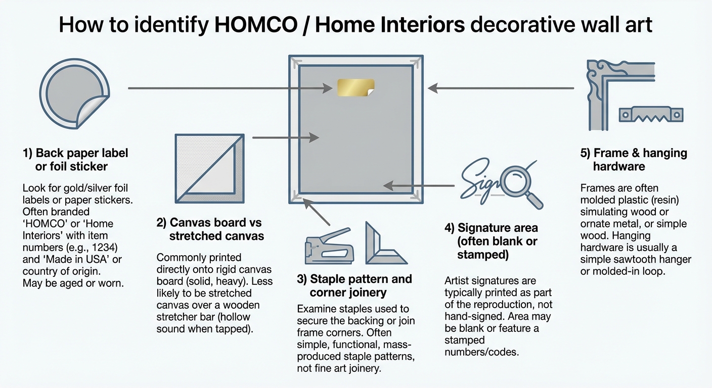Infographic showing labeled callouts for identifying HOMCO / Home Interiors decorative wall art