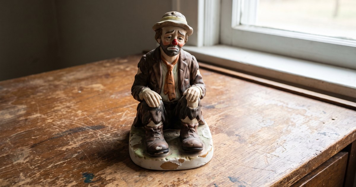 Editorial illustration of a ceramic hobo-clown figurine of the type collectors compare with Emmett Kelly pieces