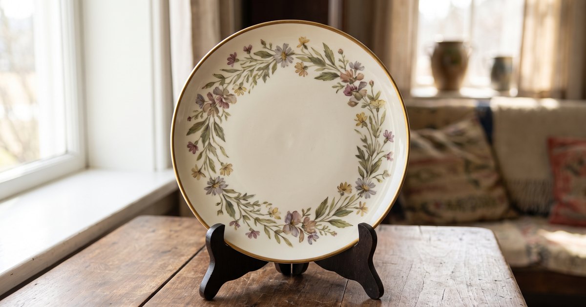 Editorial illustration of a gold-rim commemorative collector plate on a wooden stand