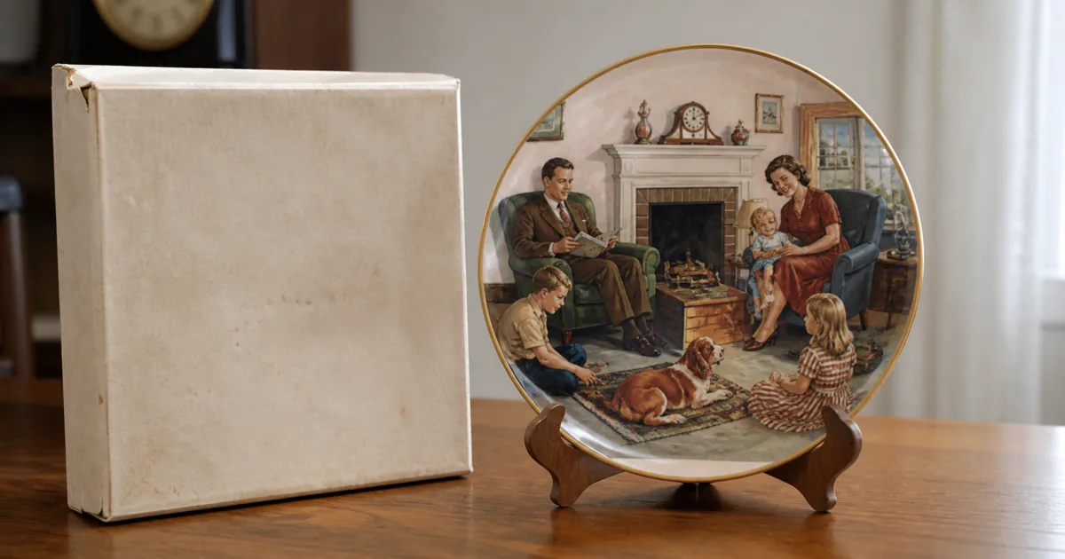 Vintage illustrated collector plates displayed upright for condition and value review