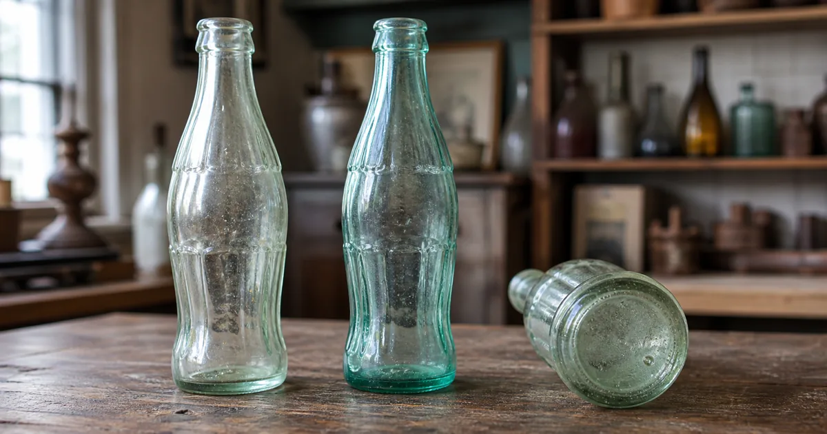 Vintage Coca-Cola bottles in green and clear glass arranged for identification and value comparison