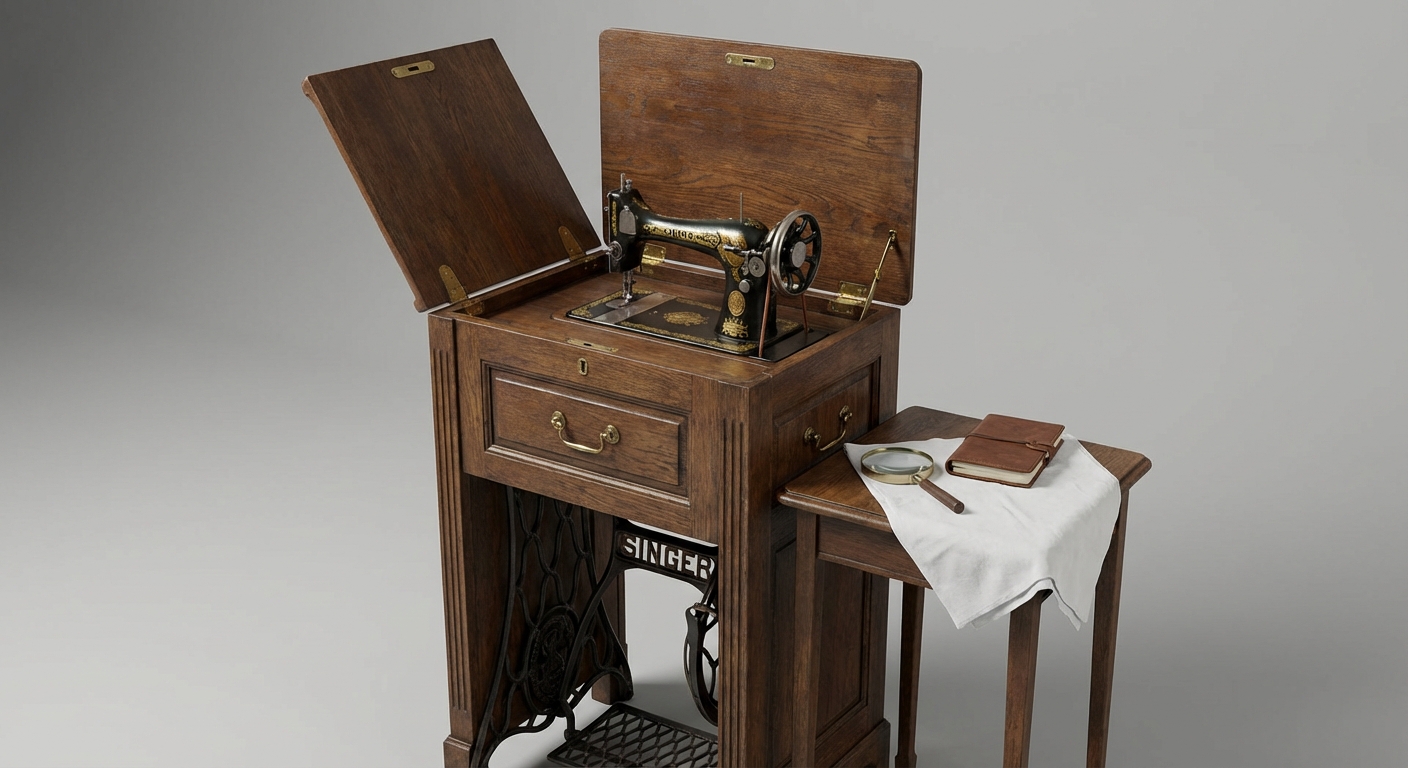 Context image for reviewing an antique Singer sewing machine cabinet and condition.