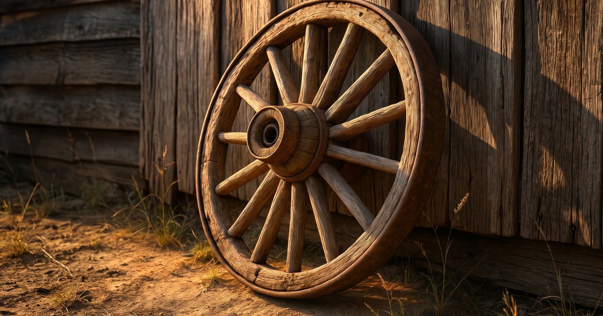 Antique wooden wagon wheel with hub, spokes, and iron tire