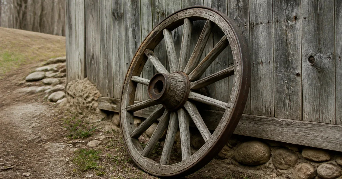 Weathered antique wooden wagon wheel with iron rim leaning against a barn wall