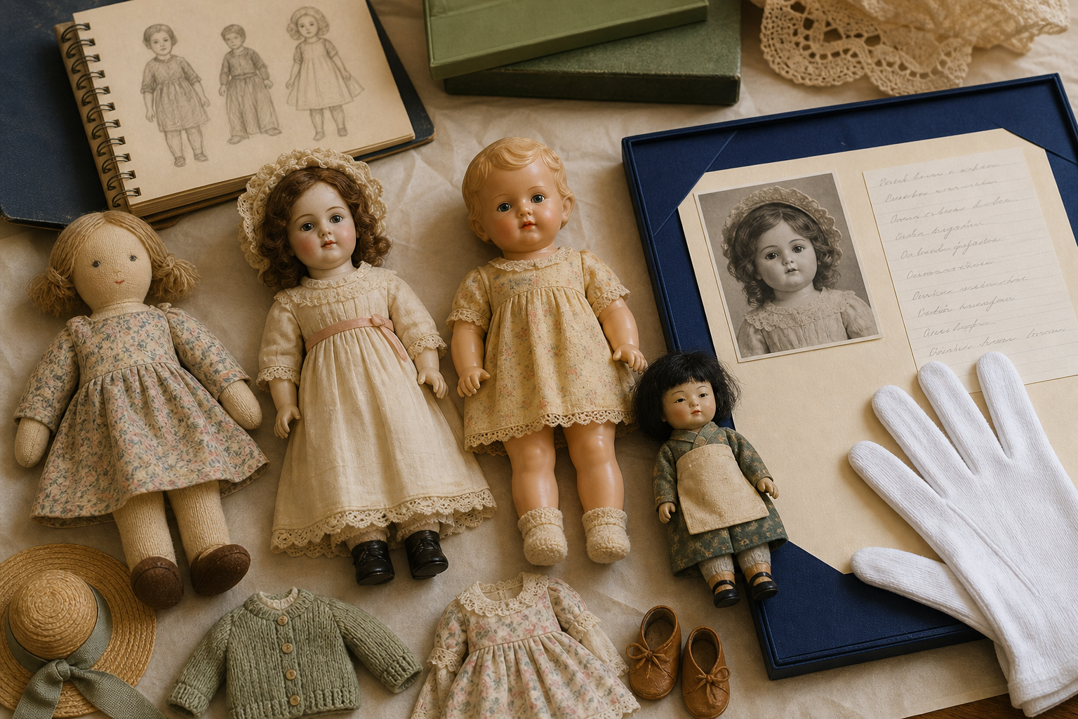 Context image for reviewing vintage dolls by markings, clothing, paperwork, and condition.