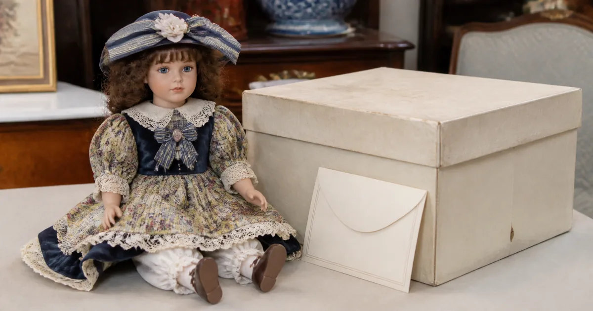 1990s collectible porcelain doll displayed with original-style box and accessories