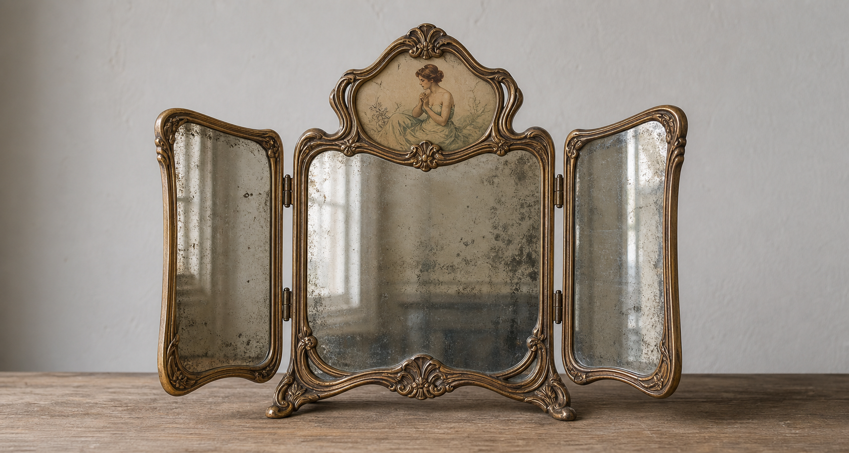 Decorative mirror context for checking label, frame material, glass, beveling, size, style, condition, backing, and repairs.