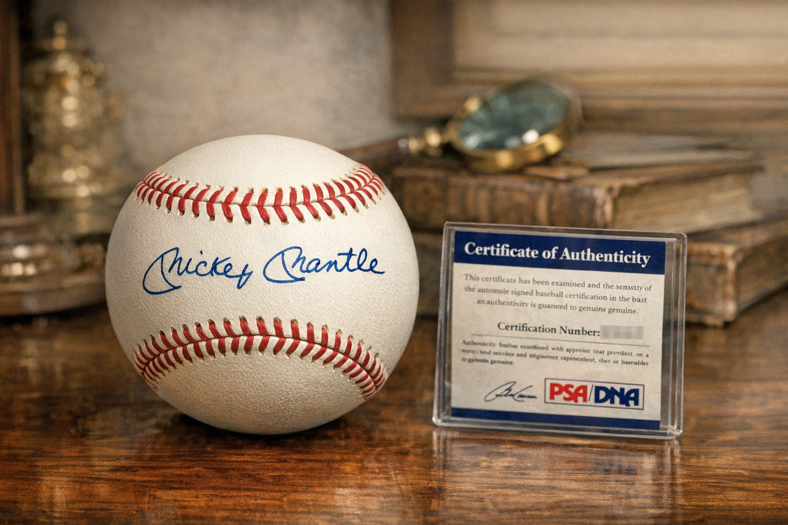 Signed baseball context for checking autograph authentication, inscription, ball type, ink, condition, provenance, and display history.