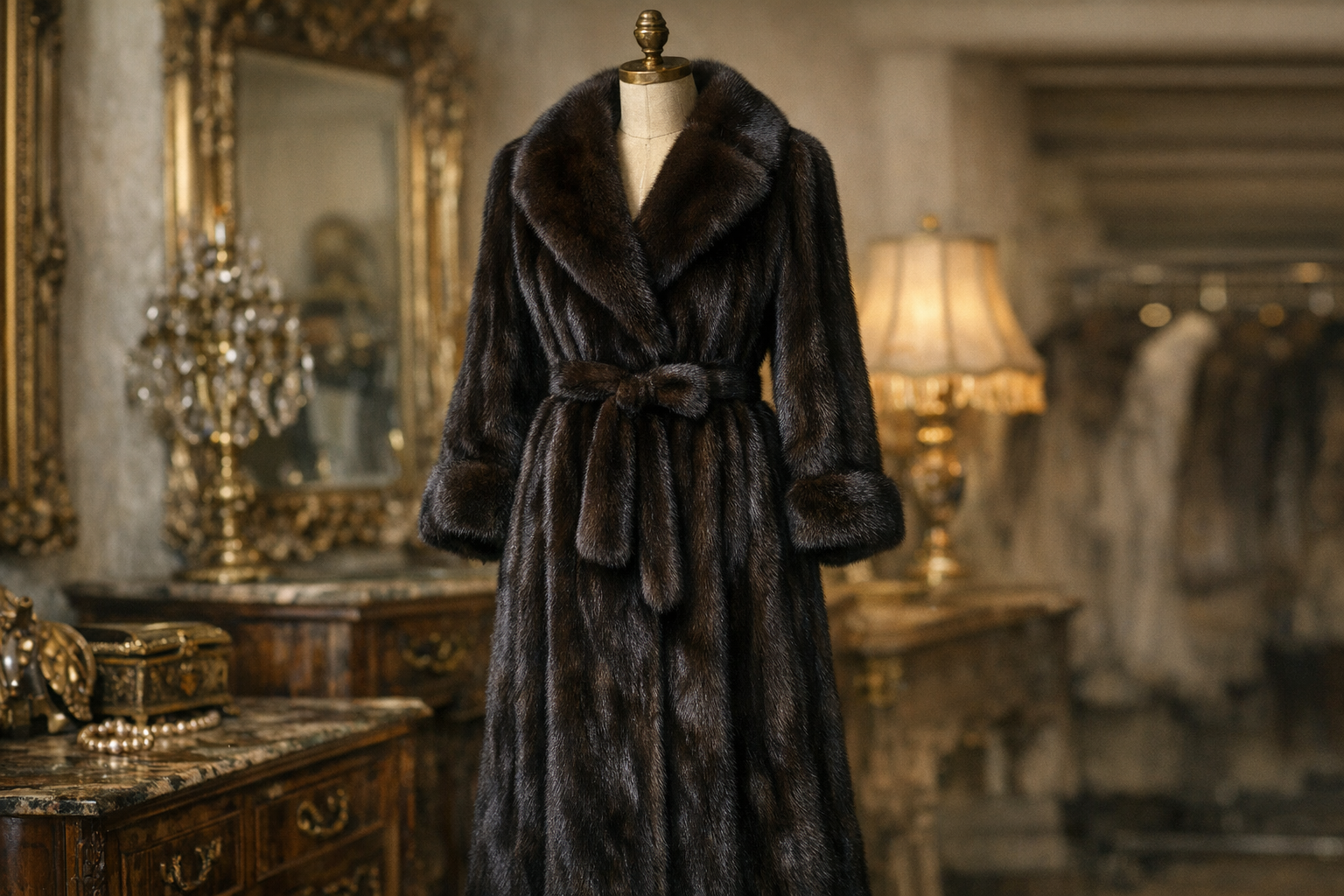 Mink coat context for checking fur type, label, style, length, lining, storage, dryness, odor, wear, and alterations.