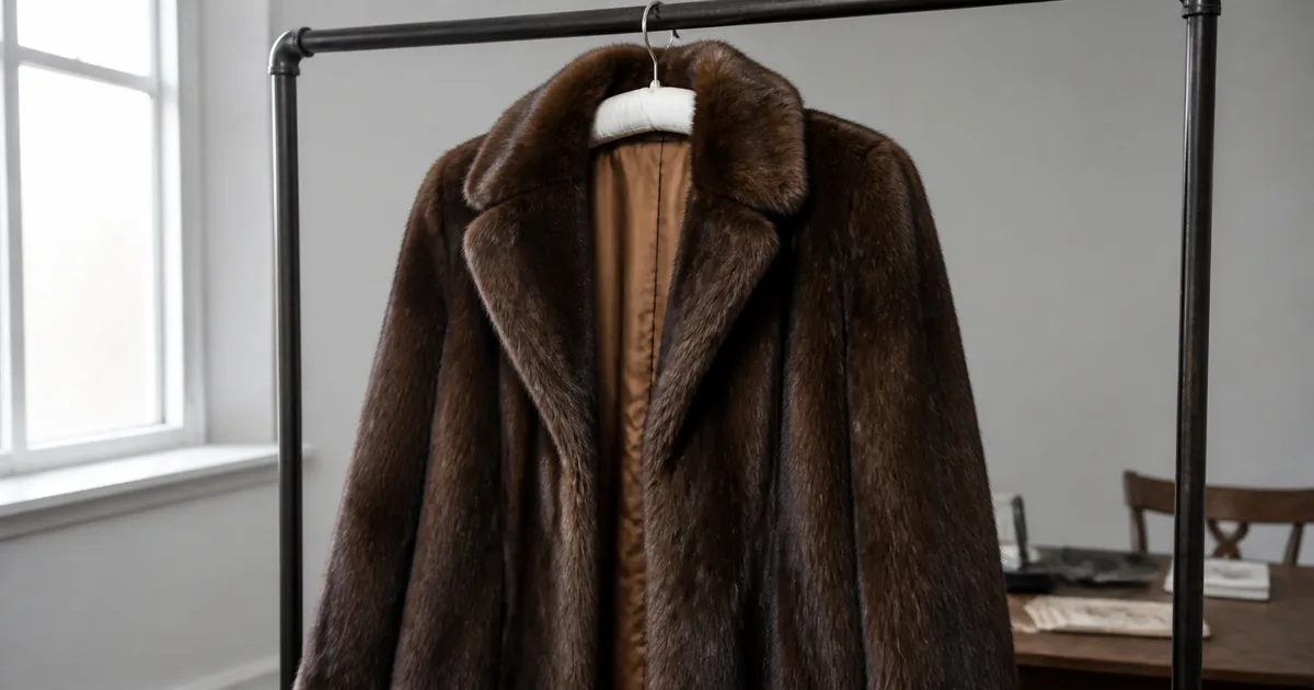 Vintage brown mink fur coat displayed on a padded hanger in natural light
