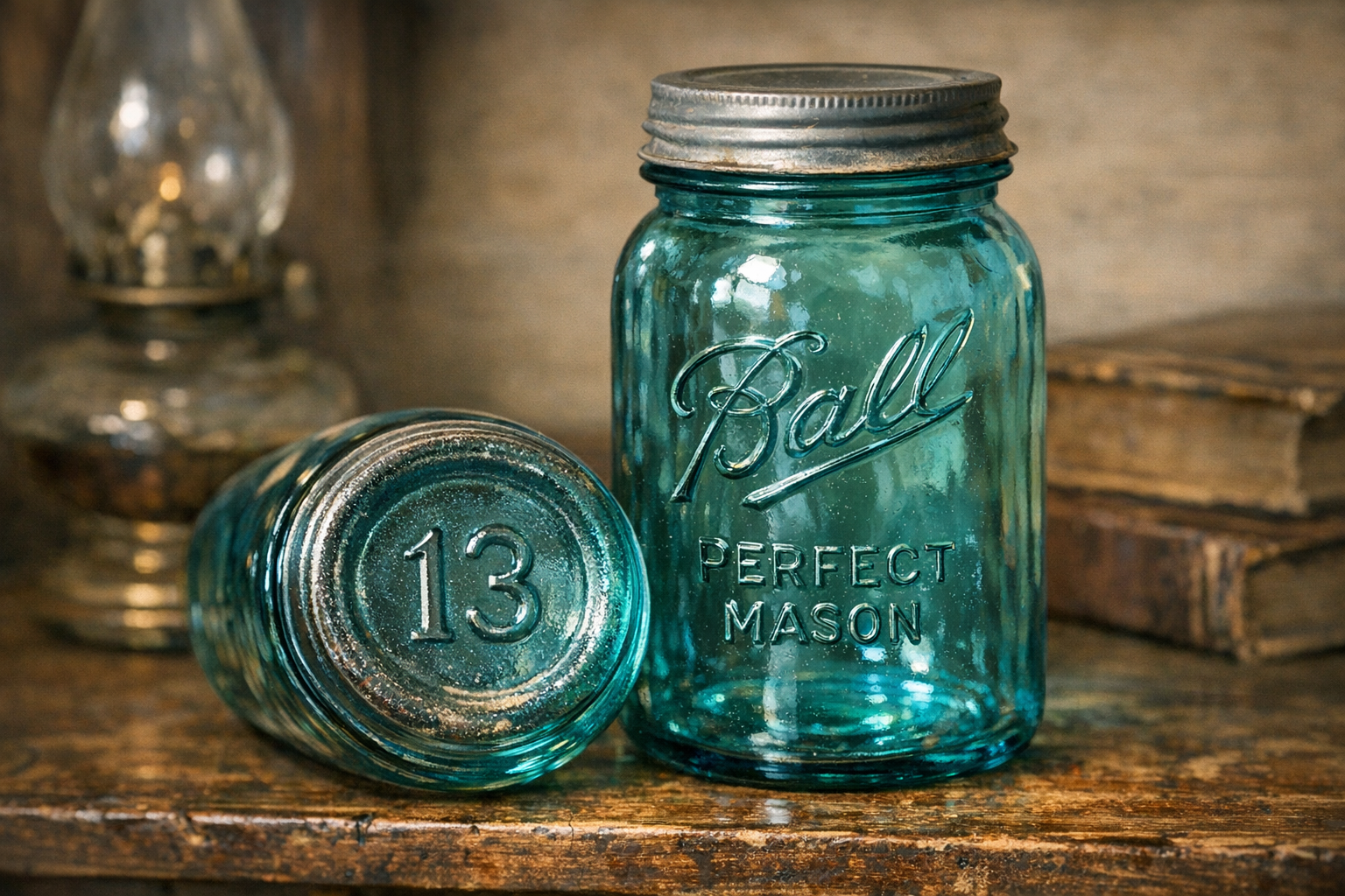 Ball Mason jar context for checking number 13 embossing, mold number, color, closure, glass condition, bubbles, base, and chips.