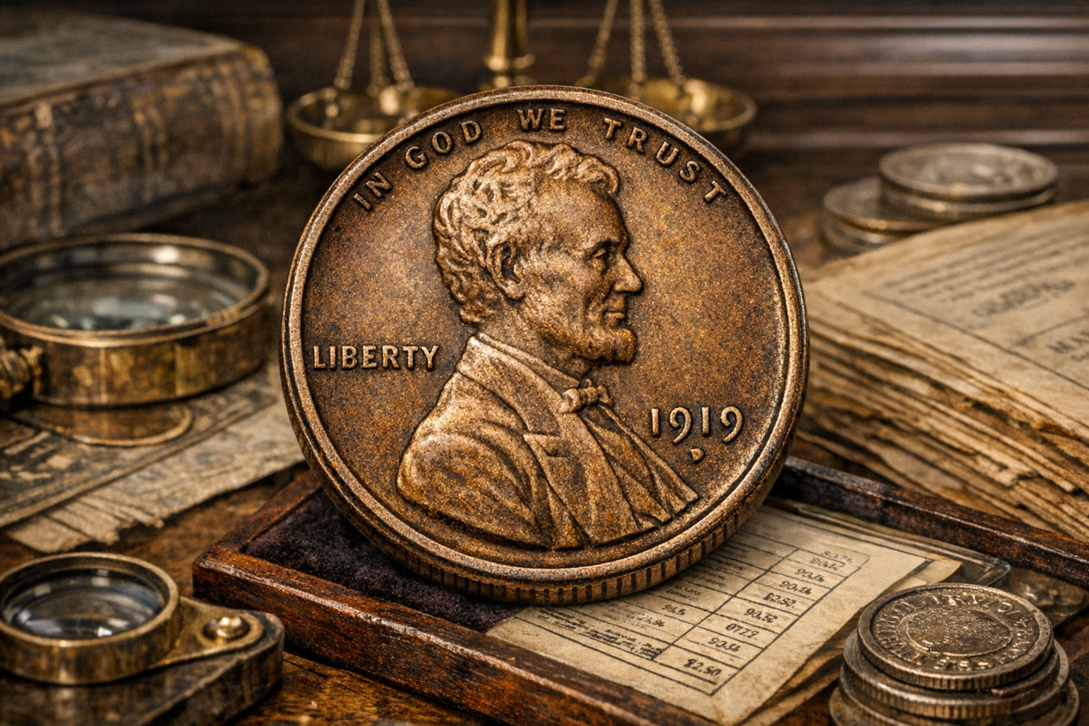 1919 Lincoln Wheat penny context image for checking mint mark, color, and surface condition