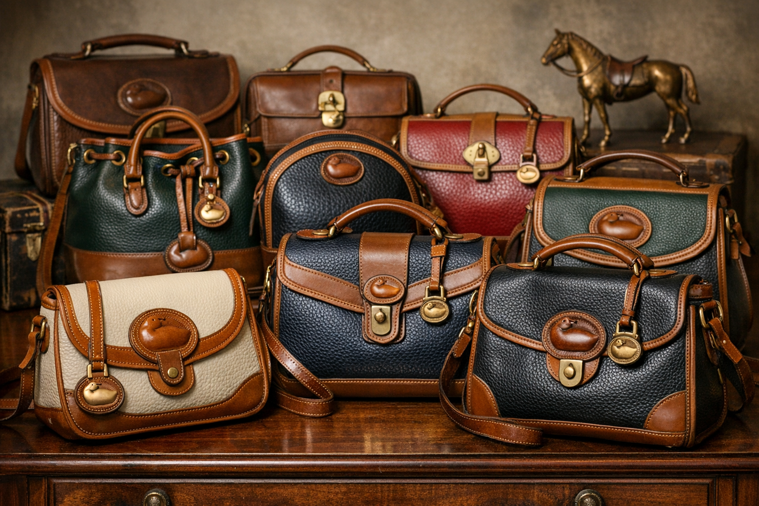 Collection of vintage Dooney & Bourke purses showcasing various leather types and iconic designs