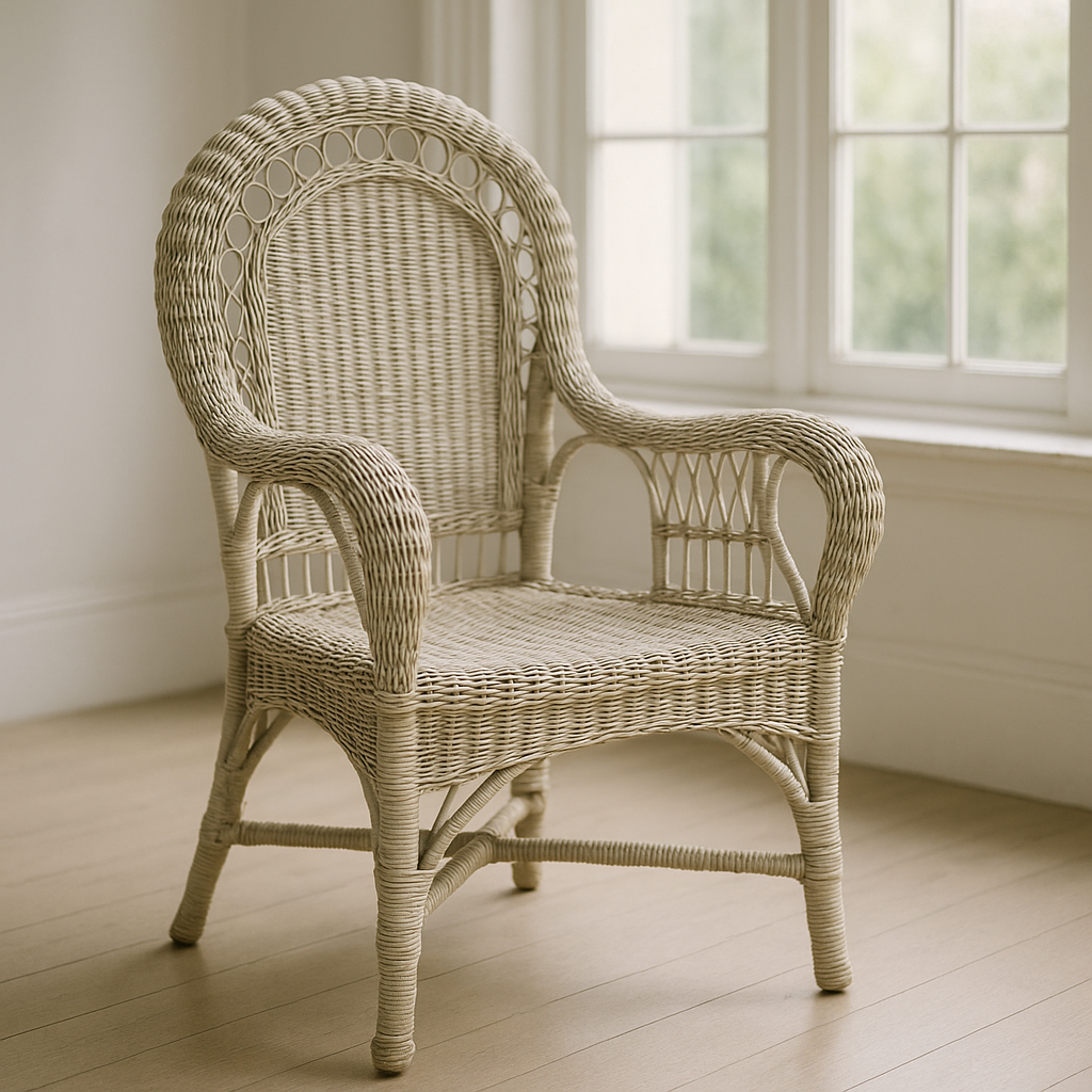 Wicker chair context image for checking form, weave, paint, repairs, and condition