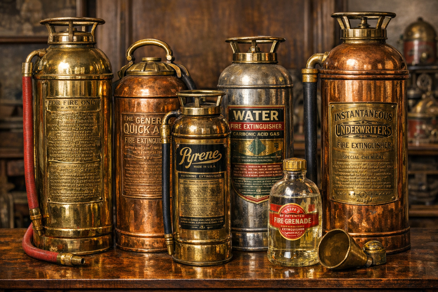 Antique fire extinguisher context image for checking maker, material, label, fittings, and condition