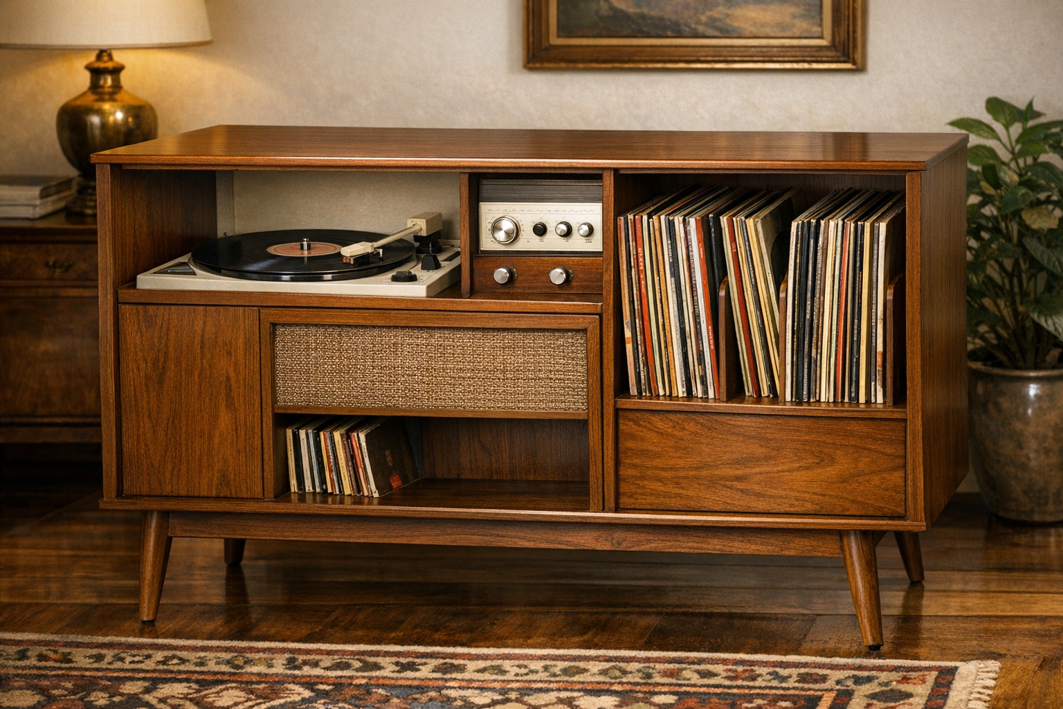 Antique record player cabinet context image for checking cabinet style, turntable, electronics, and finish