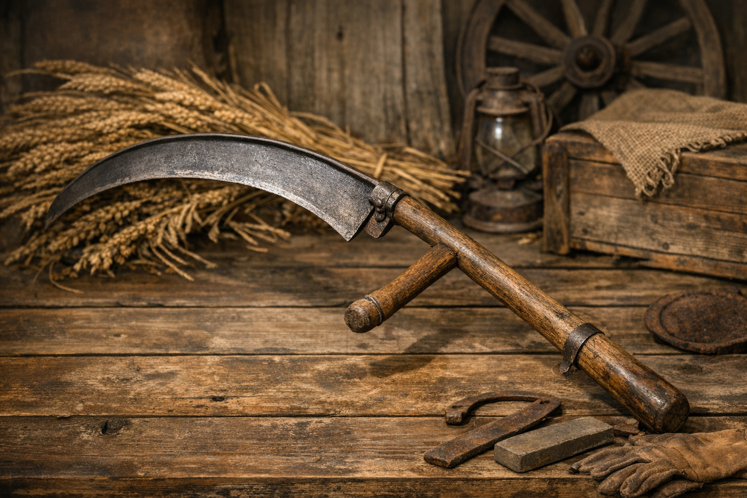 Antique scythe context image for checking blade, snath, cradle fingers, maker marks, and condition