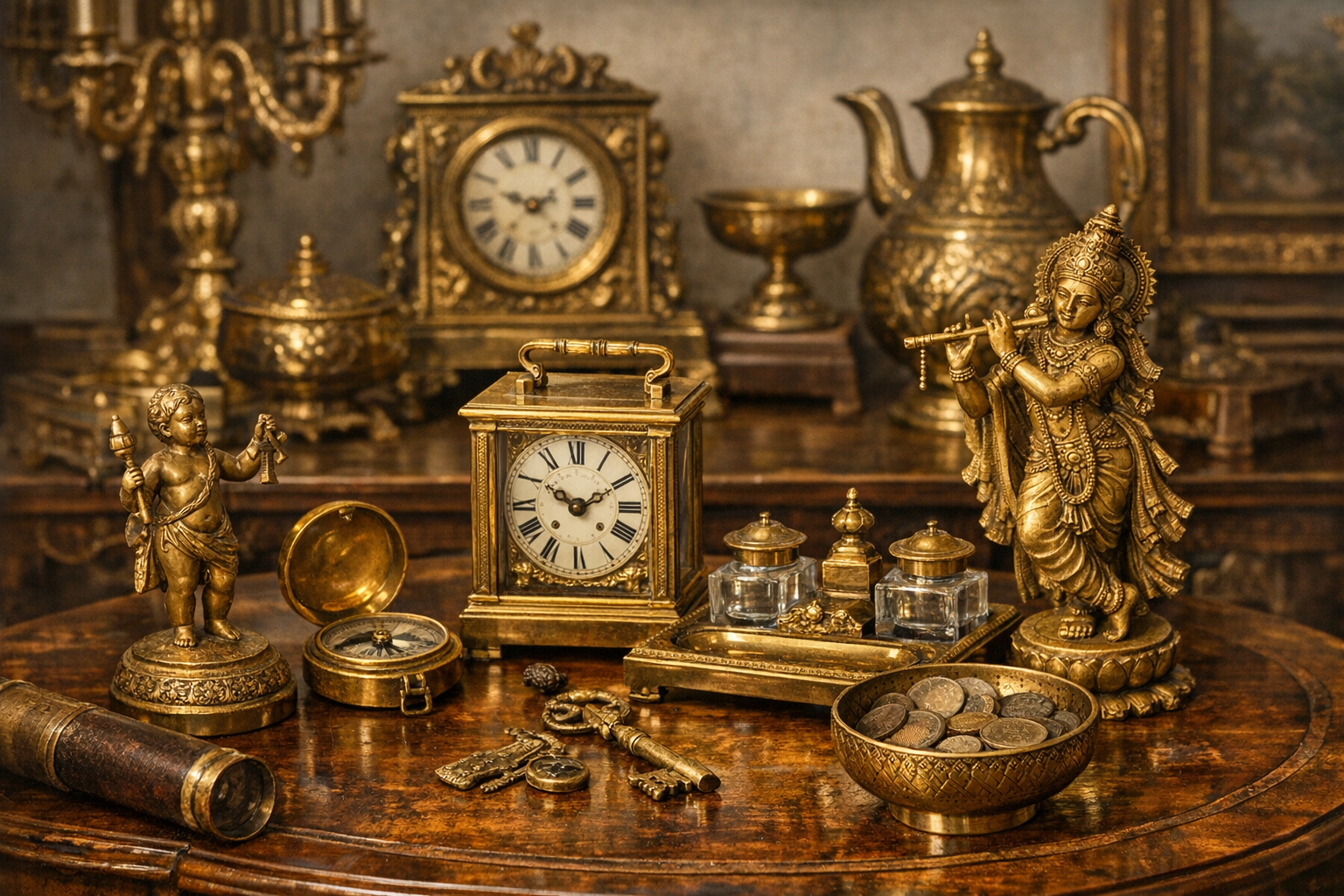 Antique brass context image for checking object type, patina, maker marks, casting, and condition