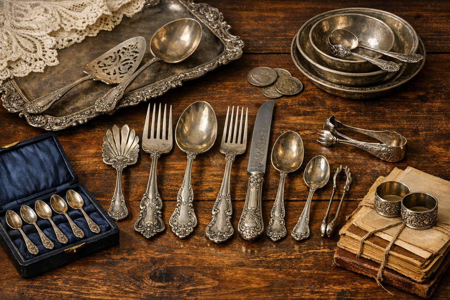 Antique silverware context image for checking hallmarks, pattern, monogram, weight, and condition