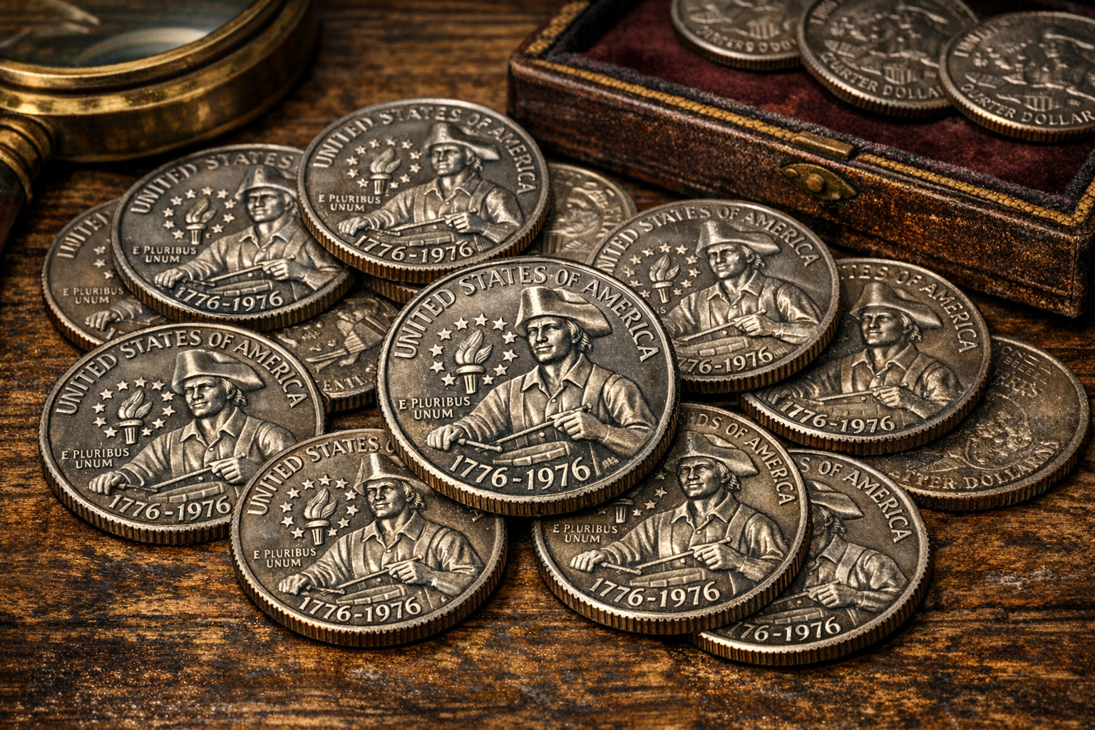 Various Bicentennial quarters in different conditions and types