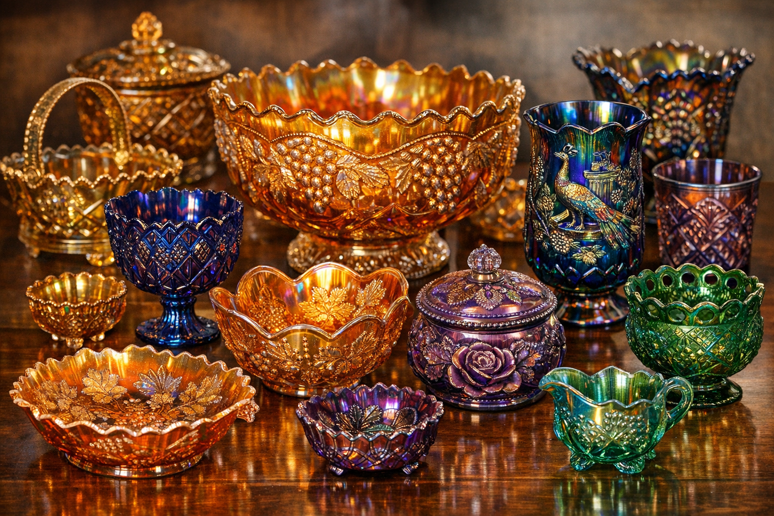 Carnival glass bowl being examined closely for condition issues like chips or cracks