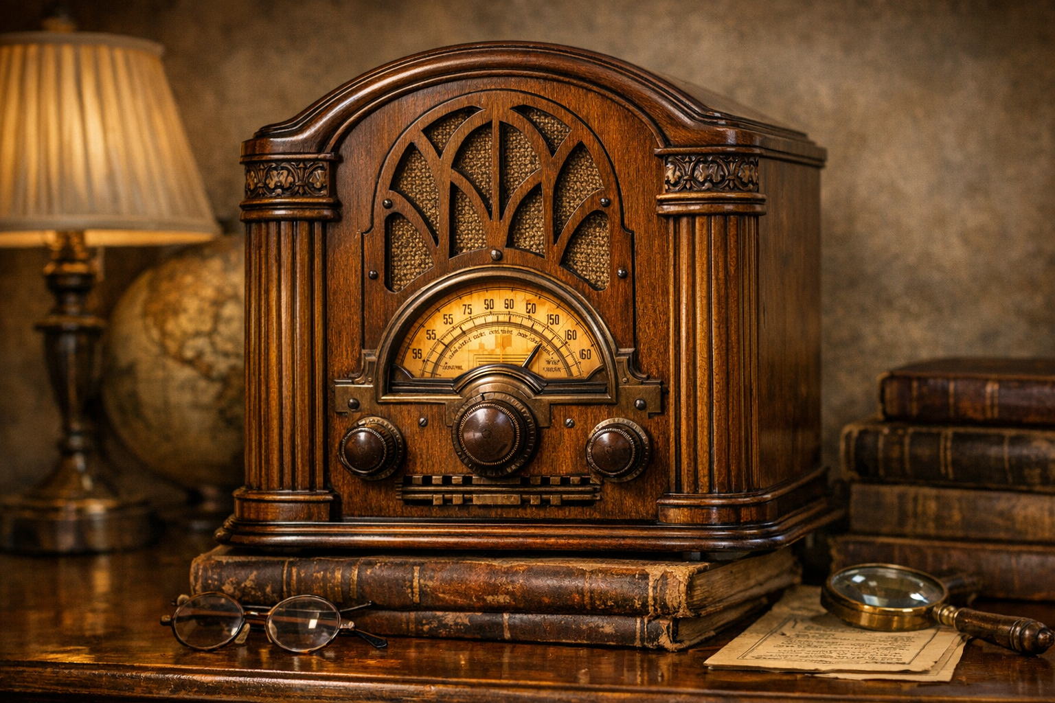 Antique radio context image for checking cabinet condition, dial, maker marks, tubes, originality, and restoration needs