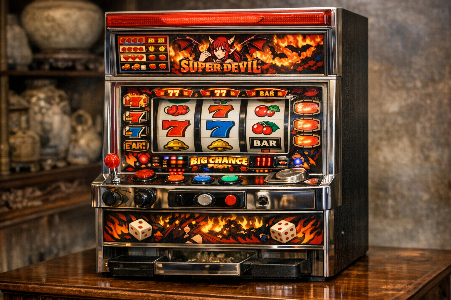 Japanese Pachislo slot machine context image for checking cabinet, reels, tokens, keys, electronics, and working condition