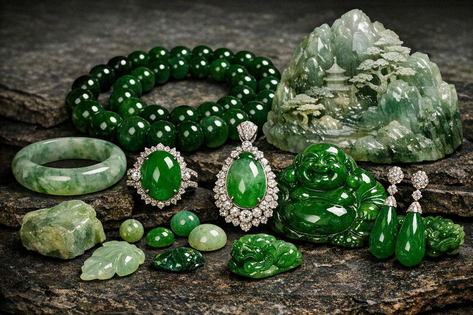 Various jade specimens showing different colors and translucencies affecting value