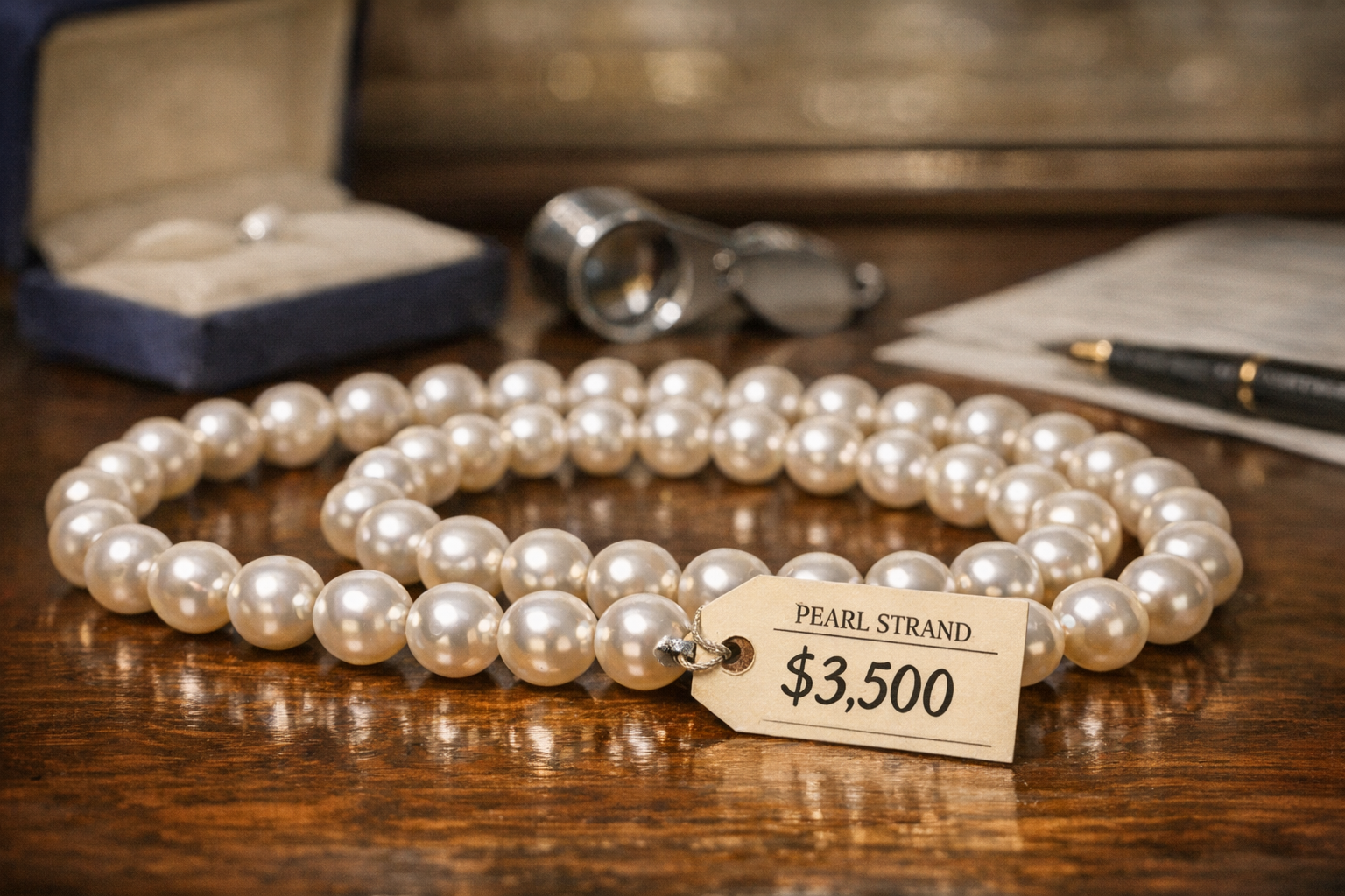 Real pearl context image for checking luster, surface, shape, matching, strand condition, and setting details