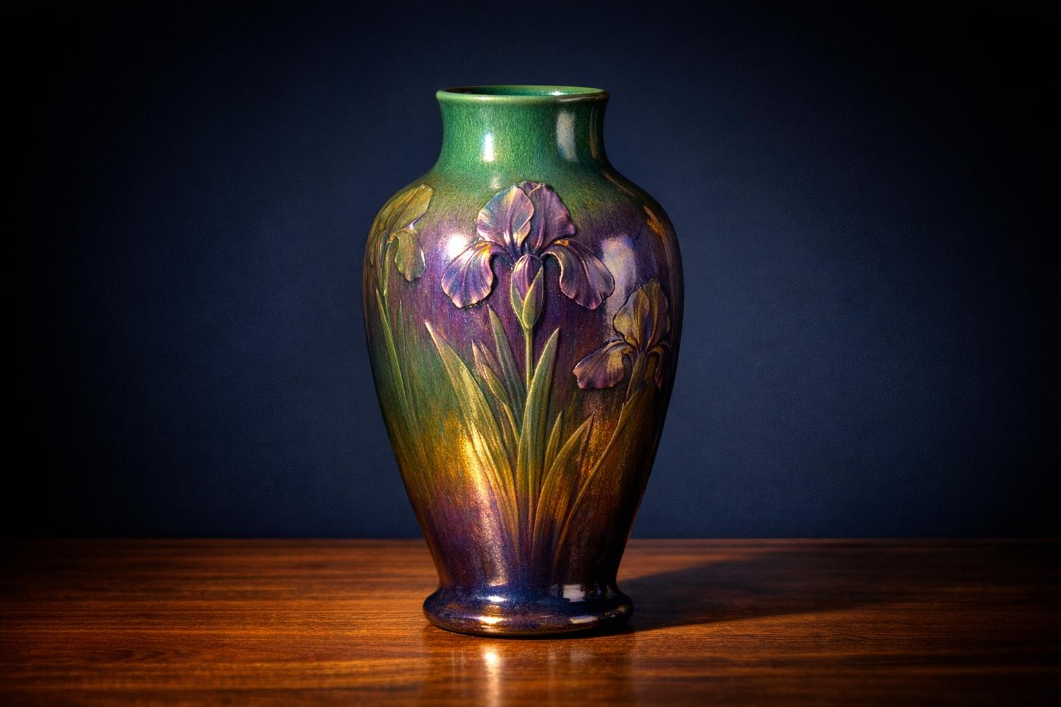 How Much Is Rookwood Pottery Worth Realistic Price Ranges by Condition example: Elegant Rookwood Pottery vase with iridescent glaze displayed on a warm museum surface with soft raking light