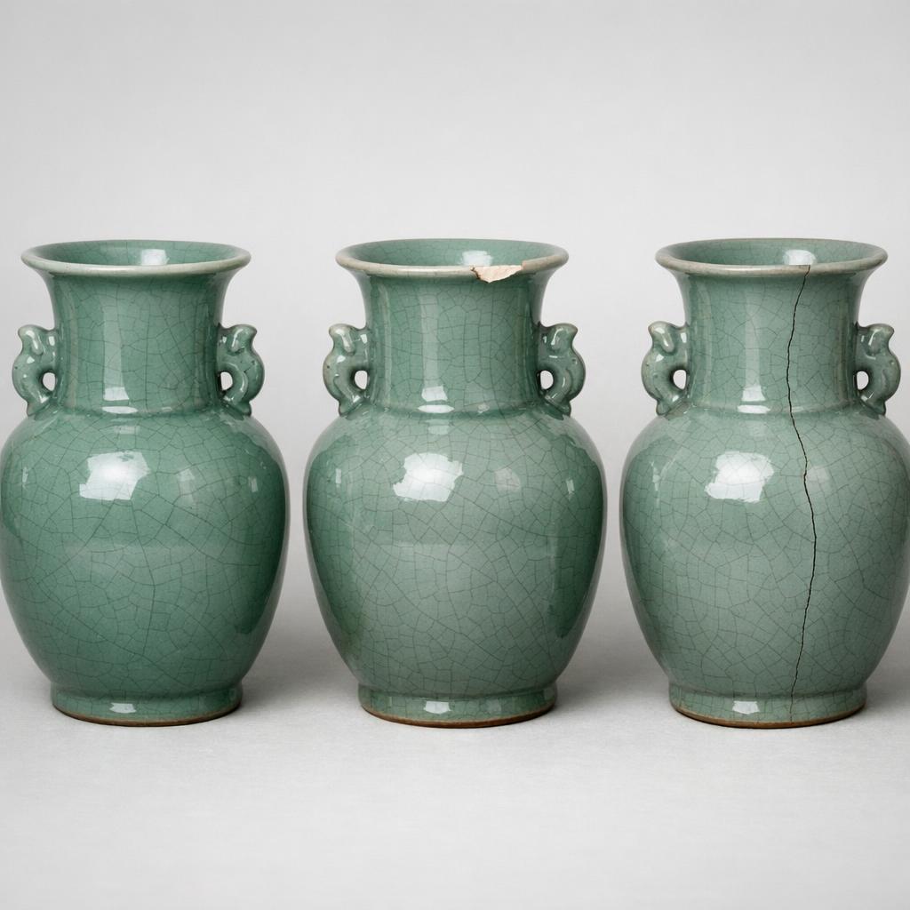 Comparison showing mint Rookwood vase alongside examples with chipped rim, hairline crack, and glaze wear