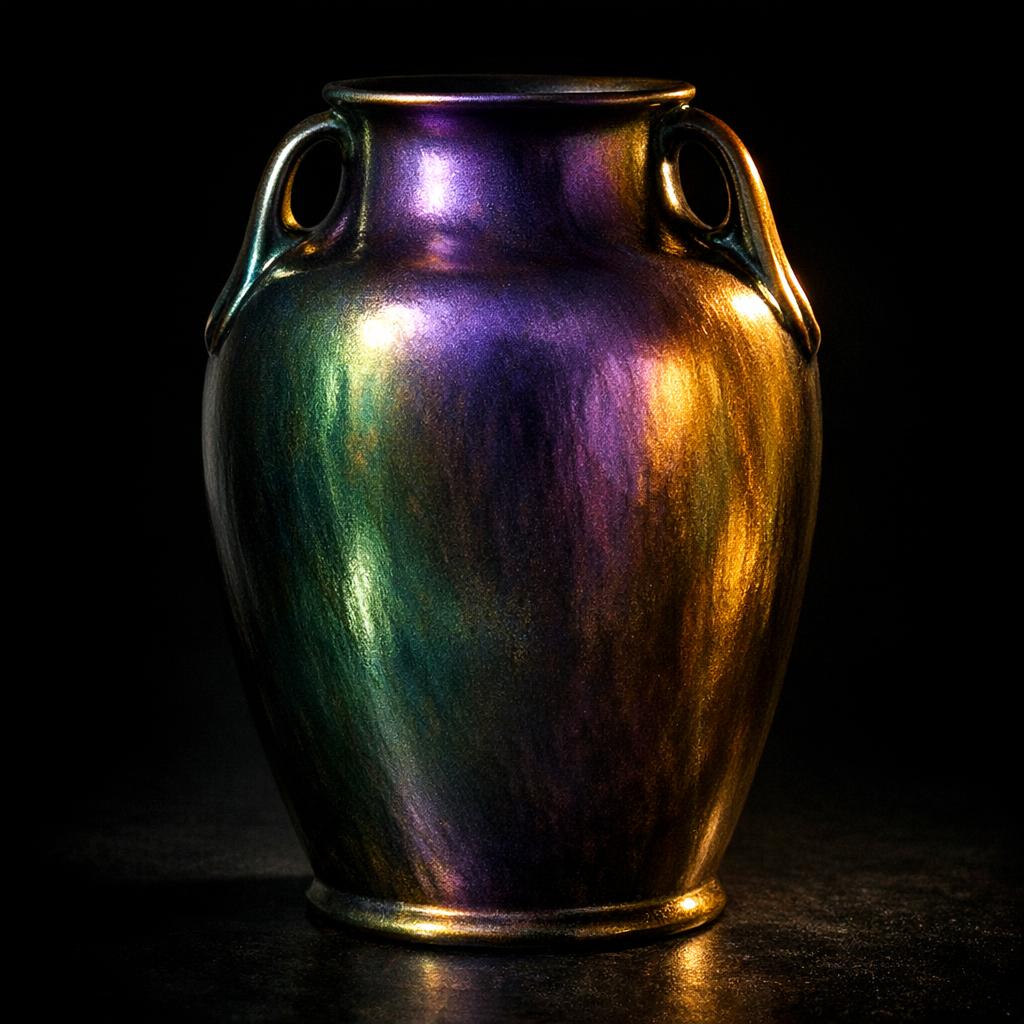 Rookwood Pottery vase with iridescent iris glaze showing color-shifting surface from green to purple to gold