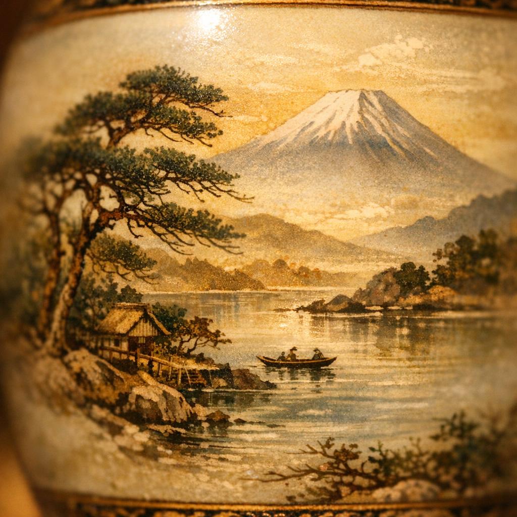 Close-up of Rookwood scenic ware vase showing hand-painted landscape detail with Japanese artistic influence