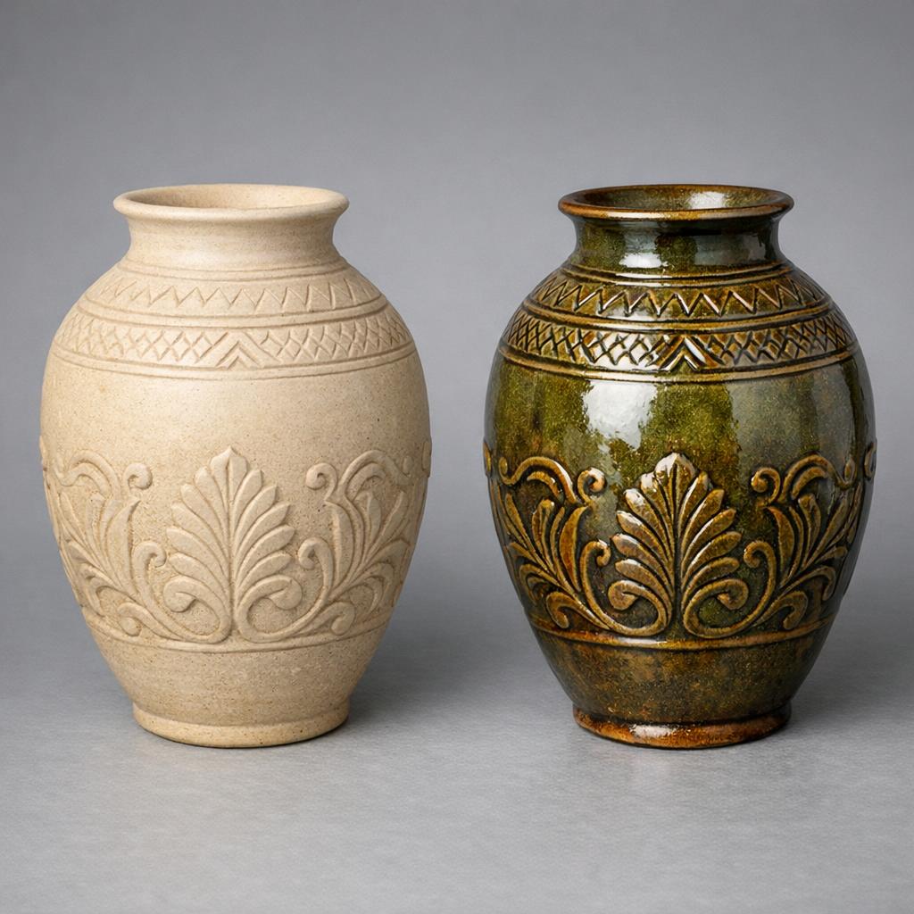 Side-by-side comparison of Rookwood Vellum matte glaze and standard glossy glaze on similar vase forms