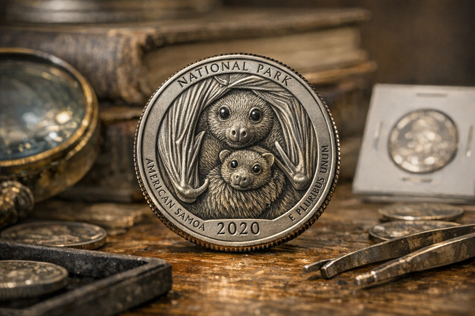 2020 American Samoa Bat quarter context image for checking mint mark, reverse design, grade, strike, and surface condition