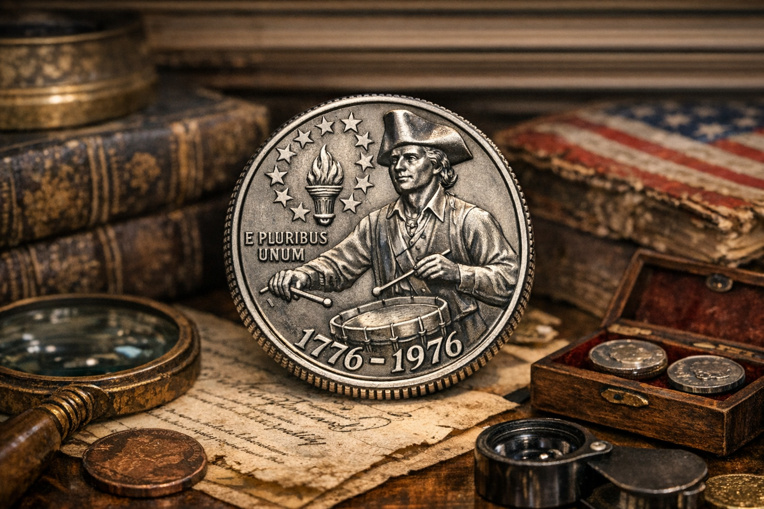 Bicentennial quarter context image for checking mint mark, drummer boy reverse, grade, strike, and surface condition