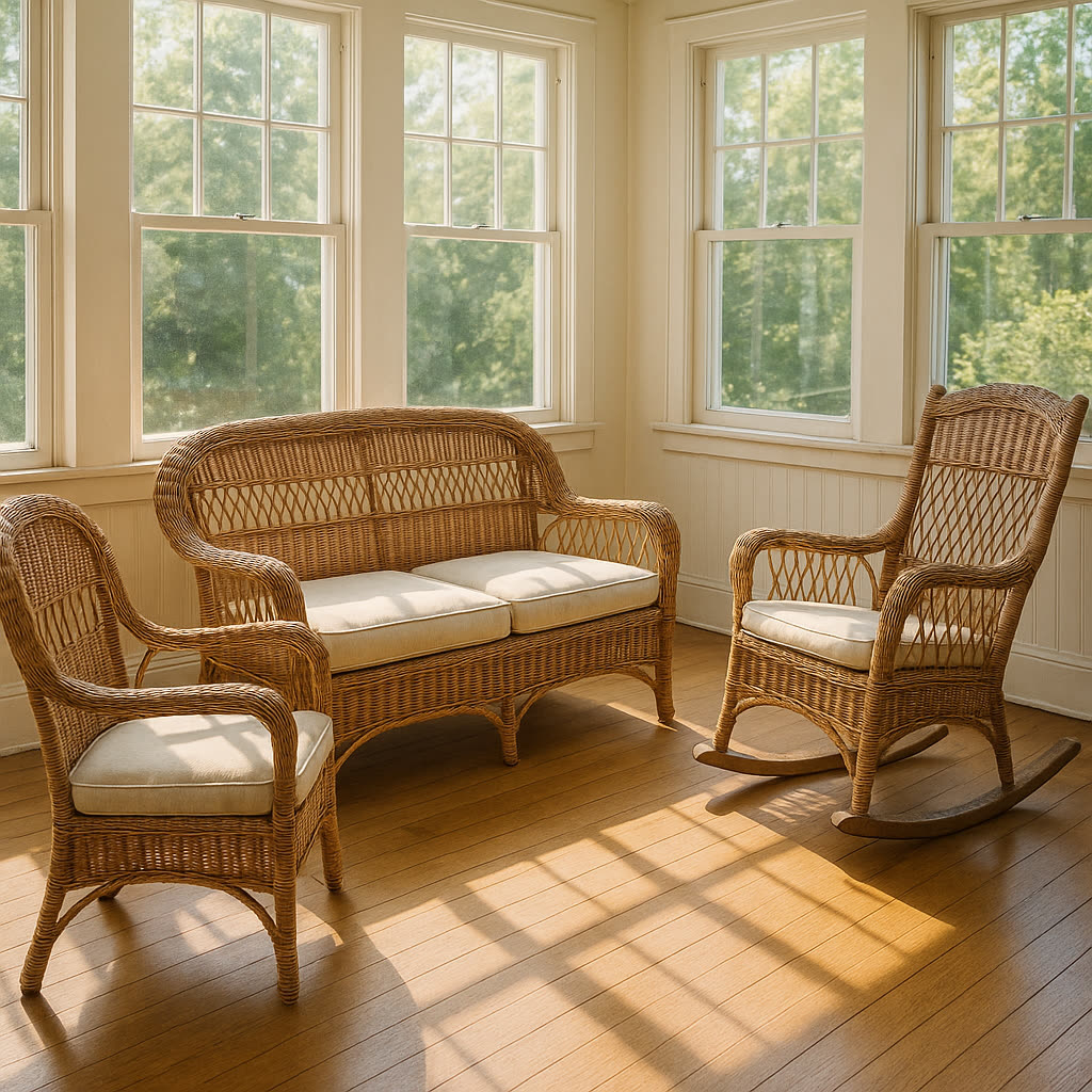 Wicker furniture context image for checking weave, frame, paint, repairs, set completeness, and condition