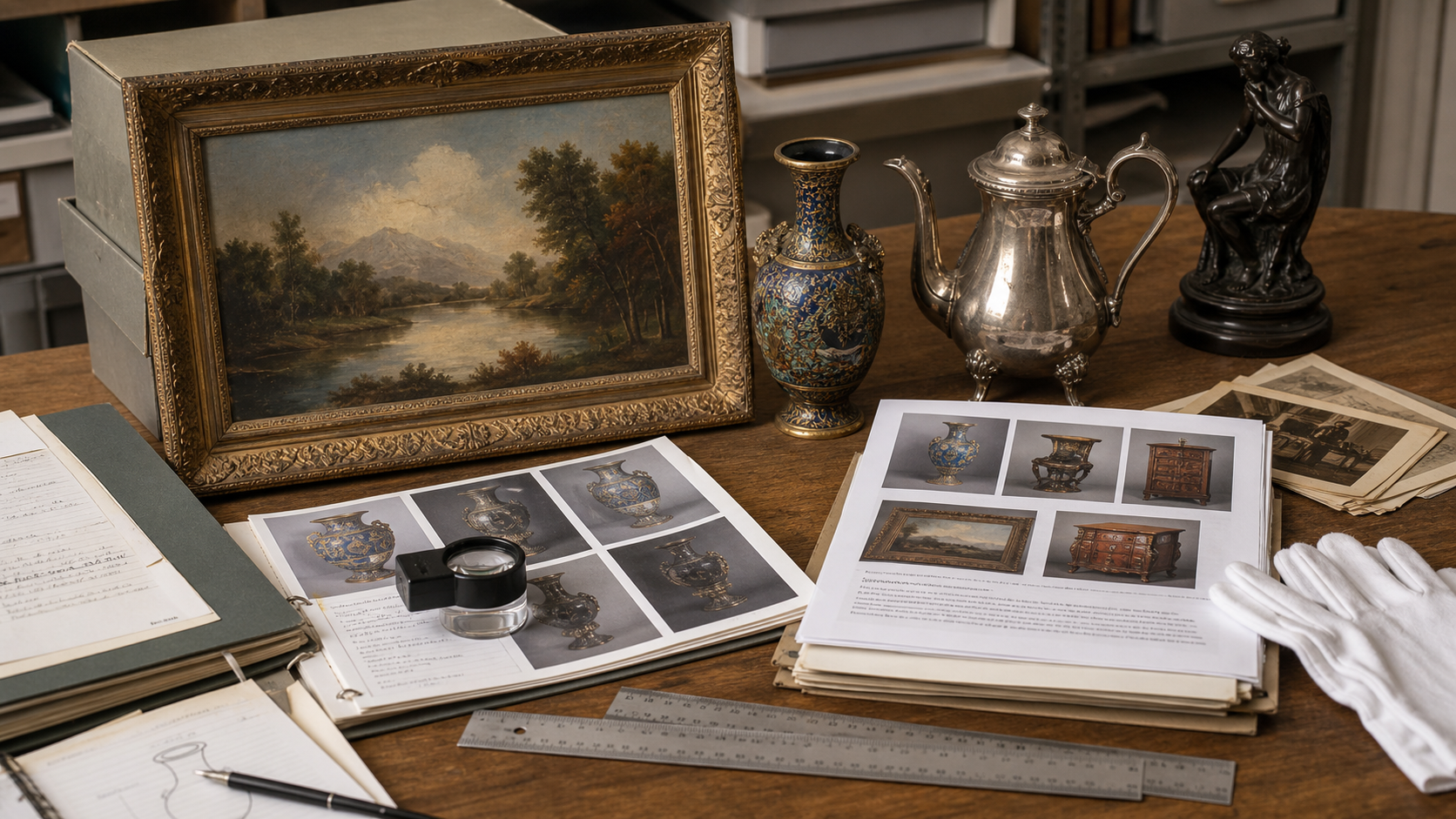 Antique heirlooms and framed fine art arranged with appraisal standards notes, provenance documents, condition photos, and a loupe