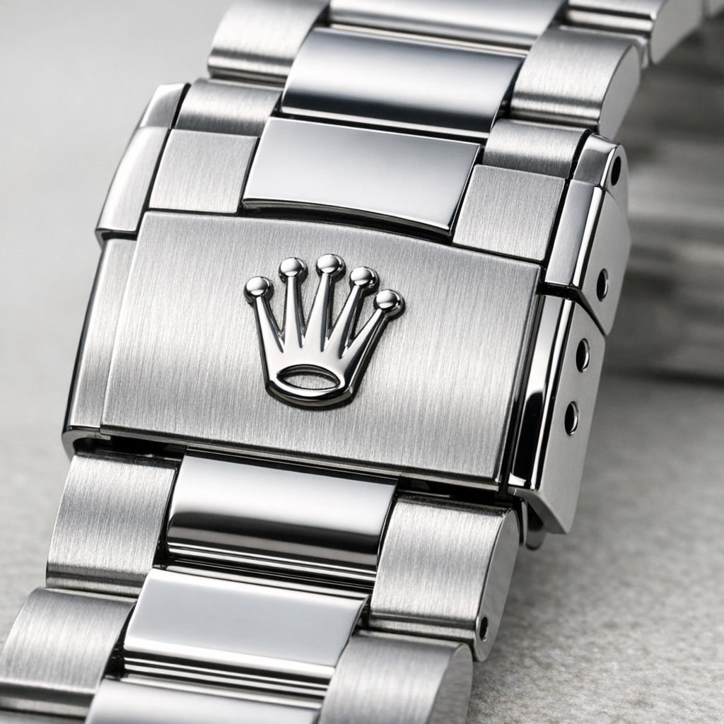 Rolex Oyster bracelet folding clasp with deeply stamped coronet logo and micro-adjust holes