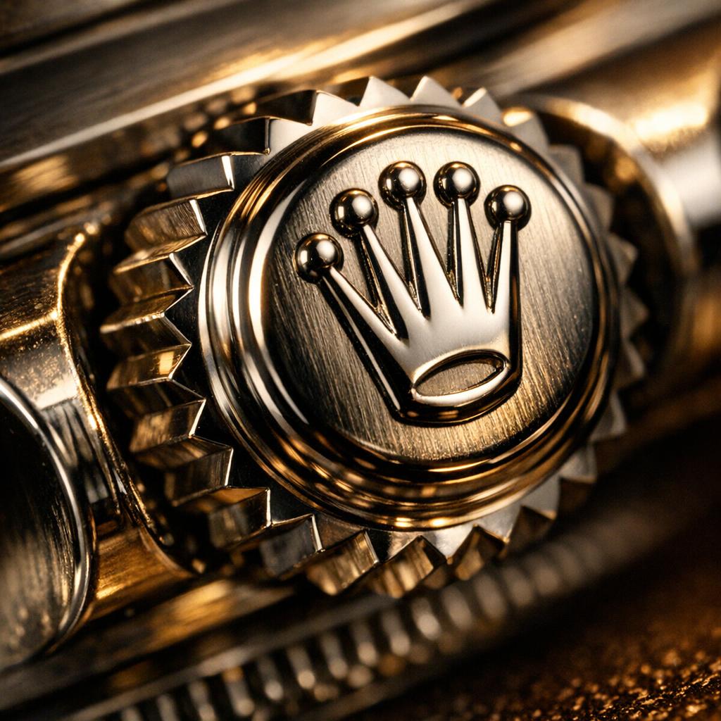 Close-up of Rolex winding crown showing crisp coronet logo and screw-down crown tube