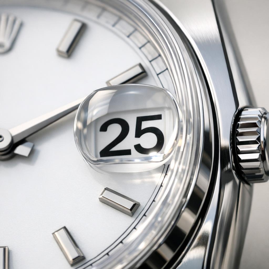 Rolex date window with cyclops lens magnifying the date number to 2.5x