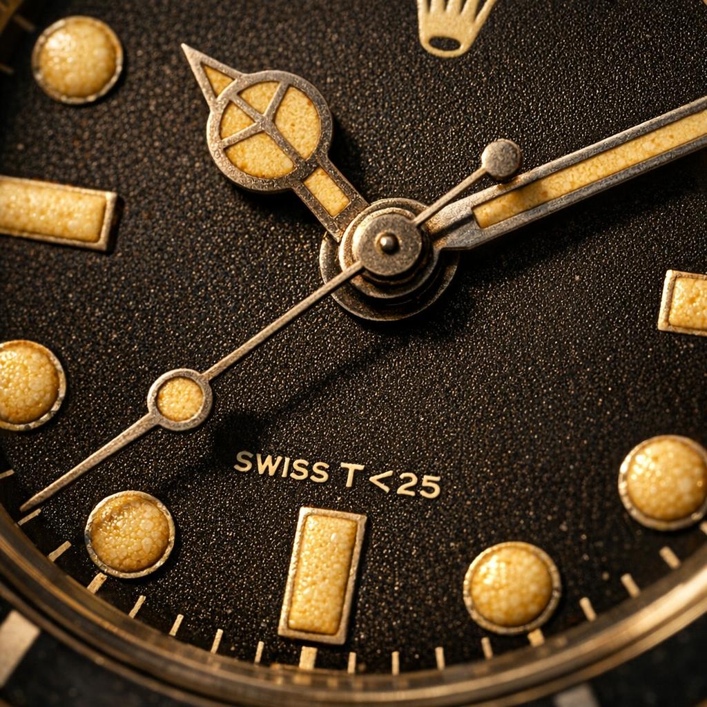 Vintage Rolex dial showing warm cream-colored tritium lume patina on hour markers and hands with SWISS T<25 text