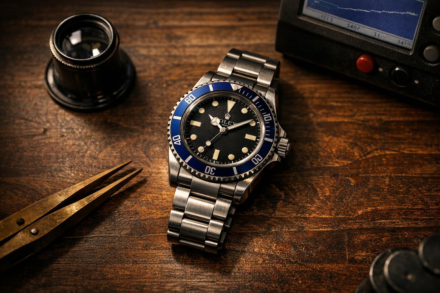 Vintage Rolex Submariner on a watchmaker's bench with loupe and tools for authentication