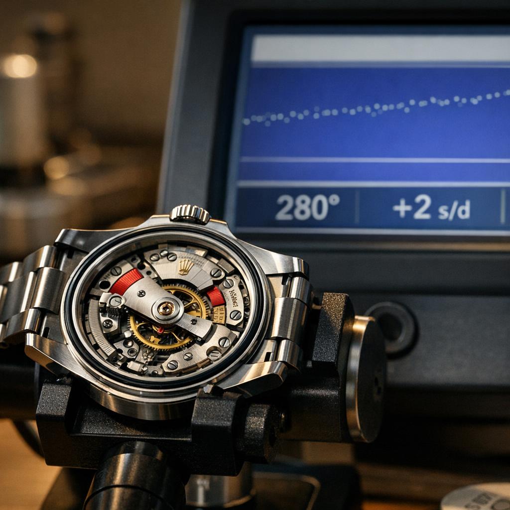 Rolex watch movement on a timing machine showing amplitude and rate readings in a watchmaker's workshop