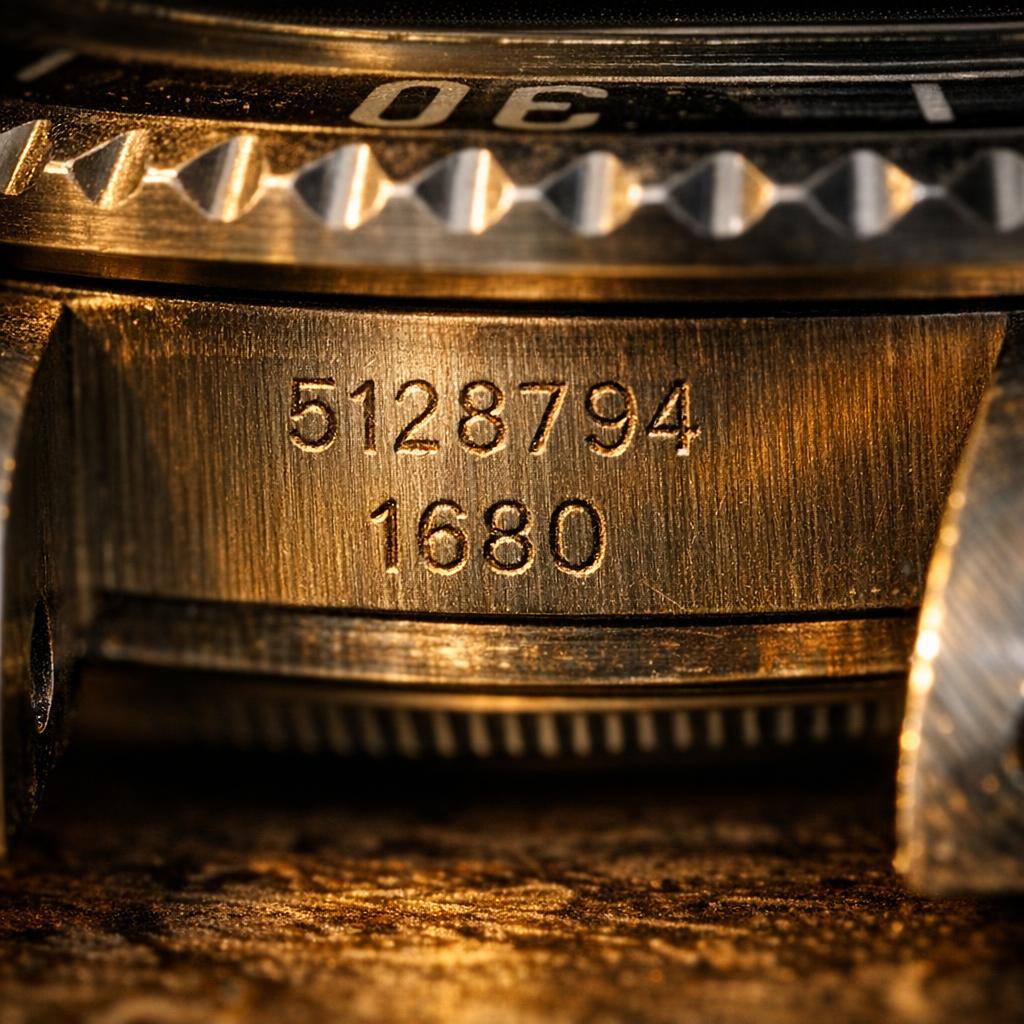 Macro close-up of engraved serial and reference numbers between vintage Rolex case lugs