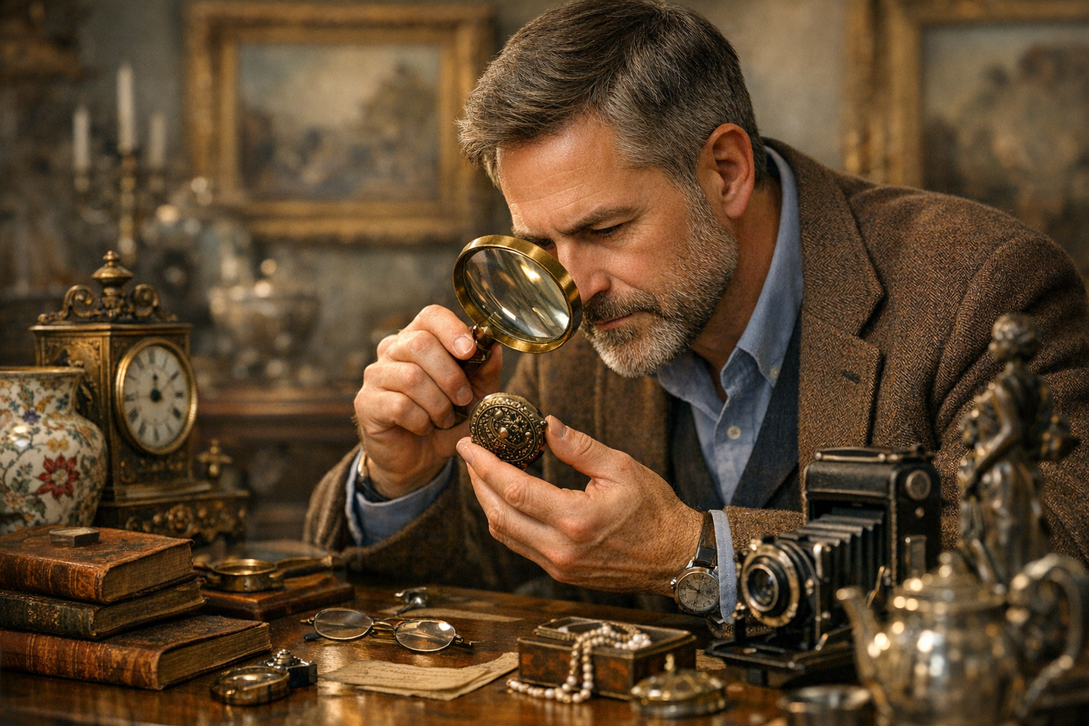Antique appraiser career context image for studying objects, reference books, notes, reports, and market research