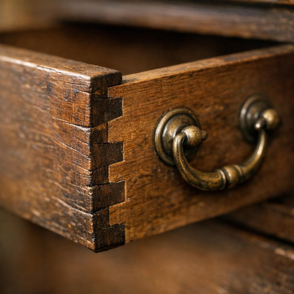 Antique furniture dovetail and hardware context image for checking drawer joinery, brass pull, screws, wear, finish, and replacement hardware