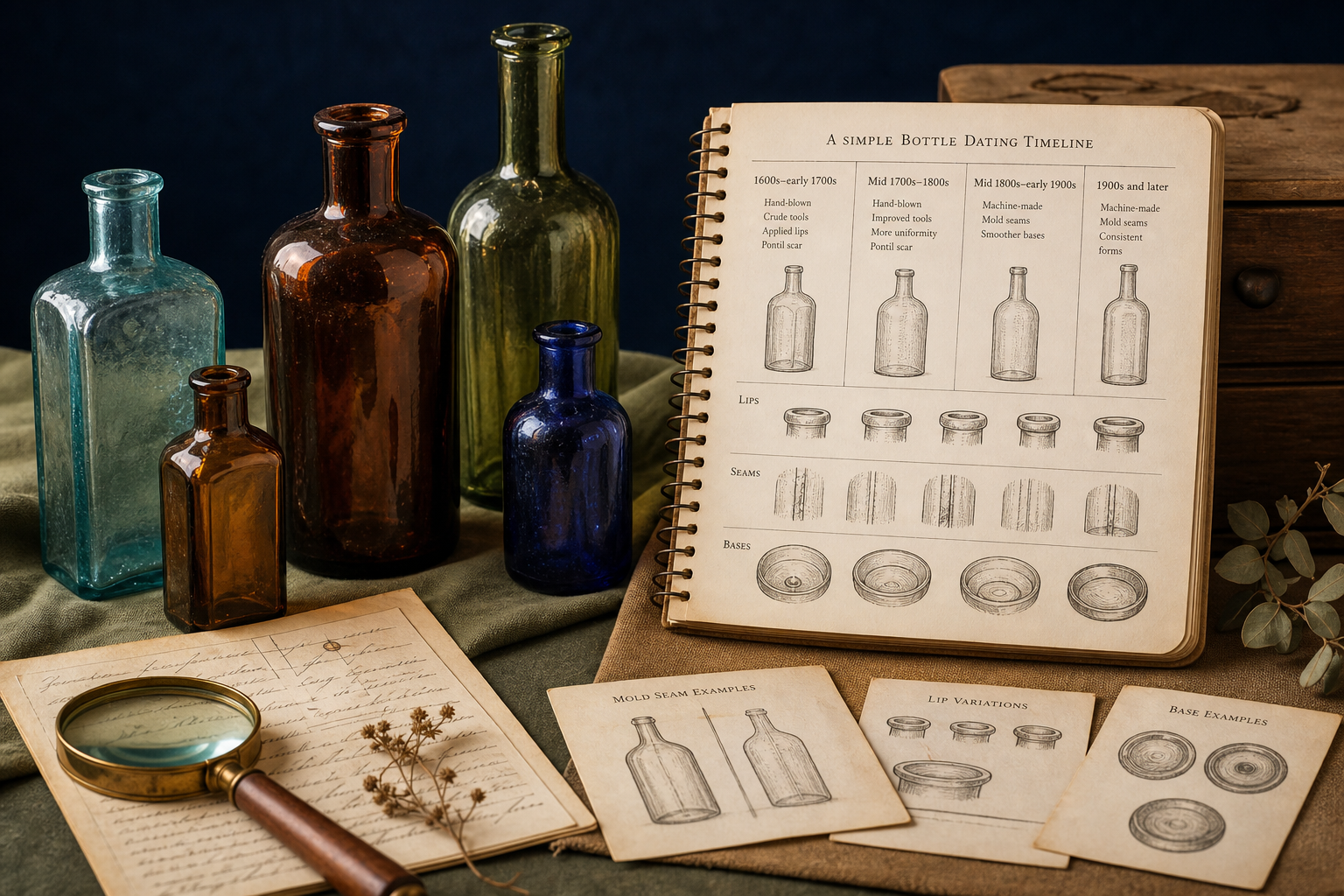 Generated editorial image of old bottle dating clues on an appraisal table